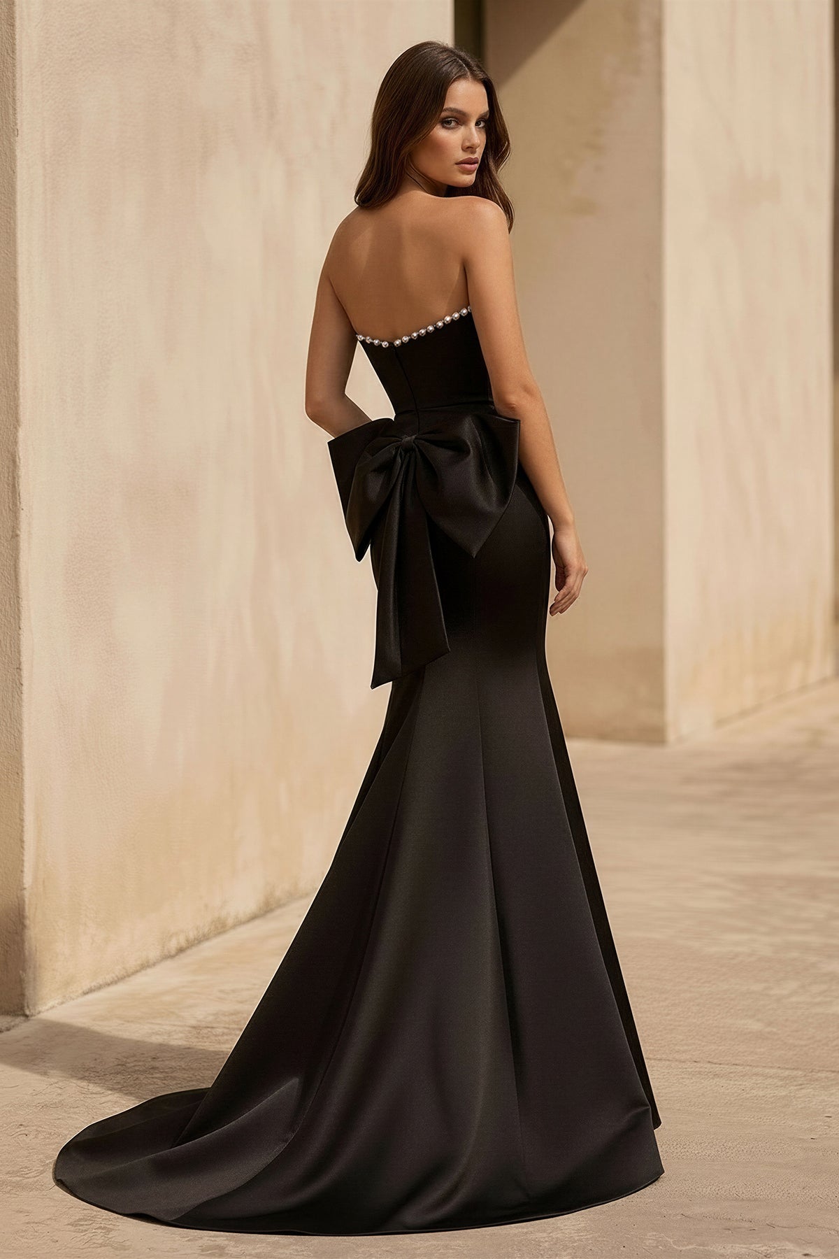 Robe longue noir coupe sirène avec nœud - Harana