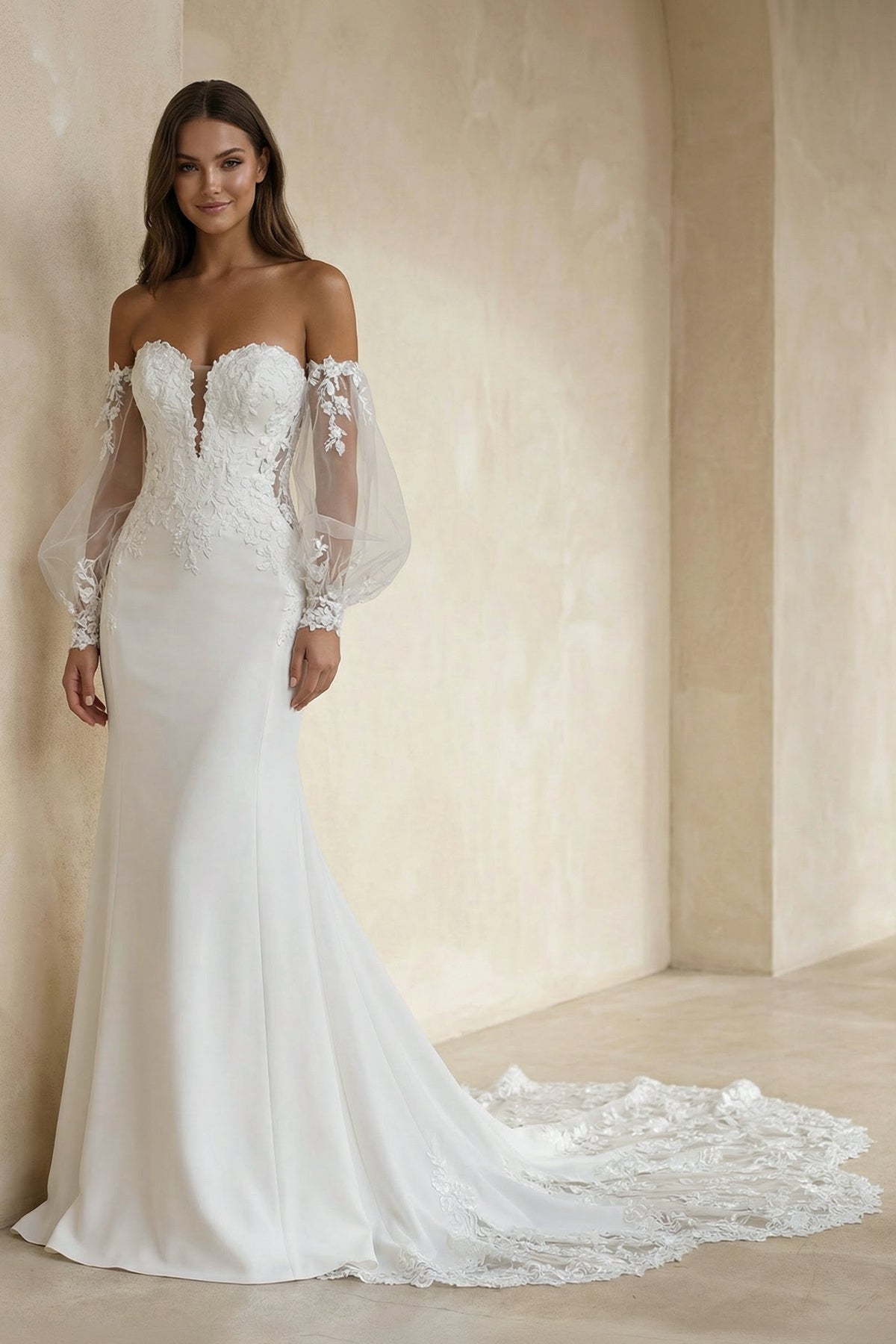 Robe de mariée blanche en mousseline et tulle coupe sirène ornée d’appliqués - Harana