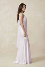 Robe demoiselle d’honneur mauve grisé longue sans manches avec nœud satinée - Harana