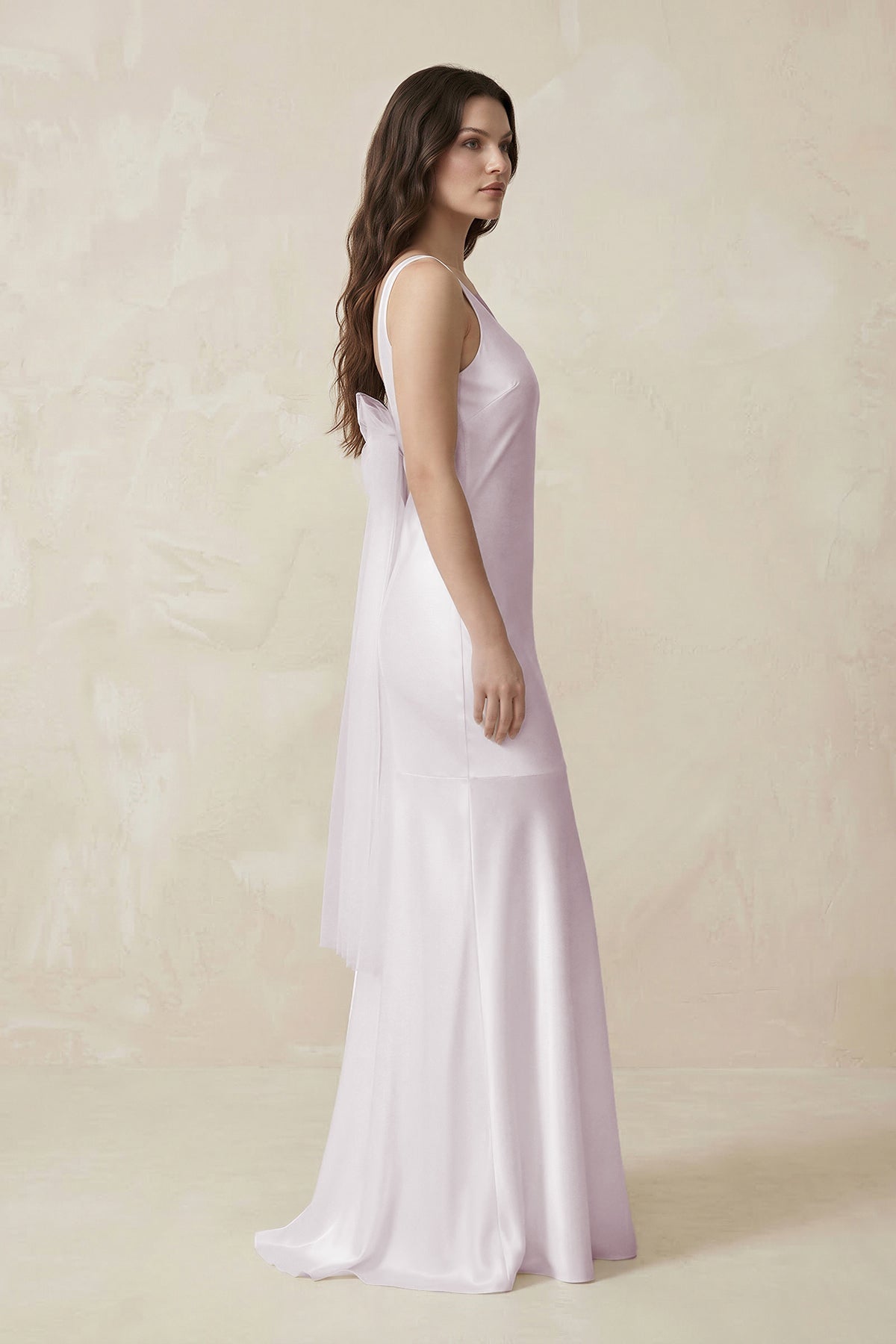 Robe demoiselle d’honneur mauve grisé longue sans manches avec nœud satinée - Harana