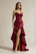 Robe longue satinée coupe sirène à volants - Harana