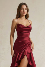 Robe longue satinée coupe sirène à volants - Harana