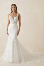 Robe de mariée blanche en dentelle coupe sirène à col V - Harana