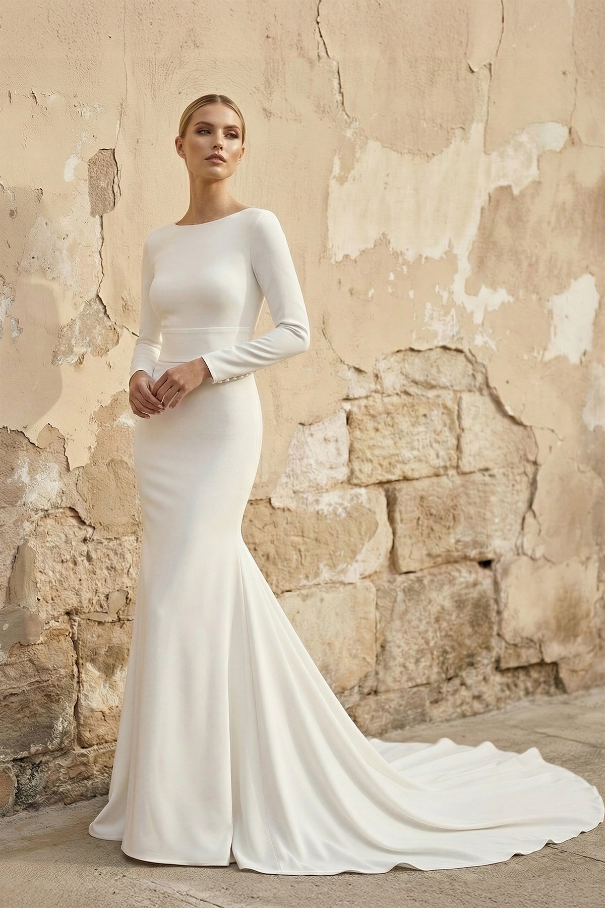 Robe de mariée ivoire satinée coupe sirène à manches longues - Harana