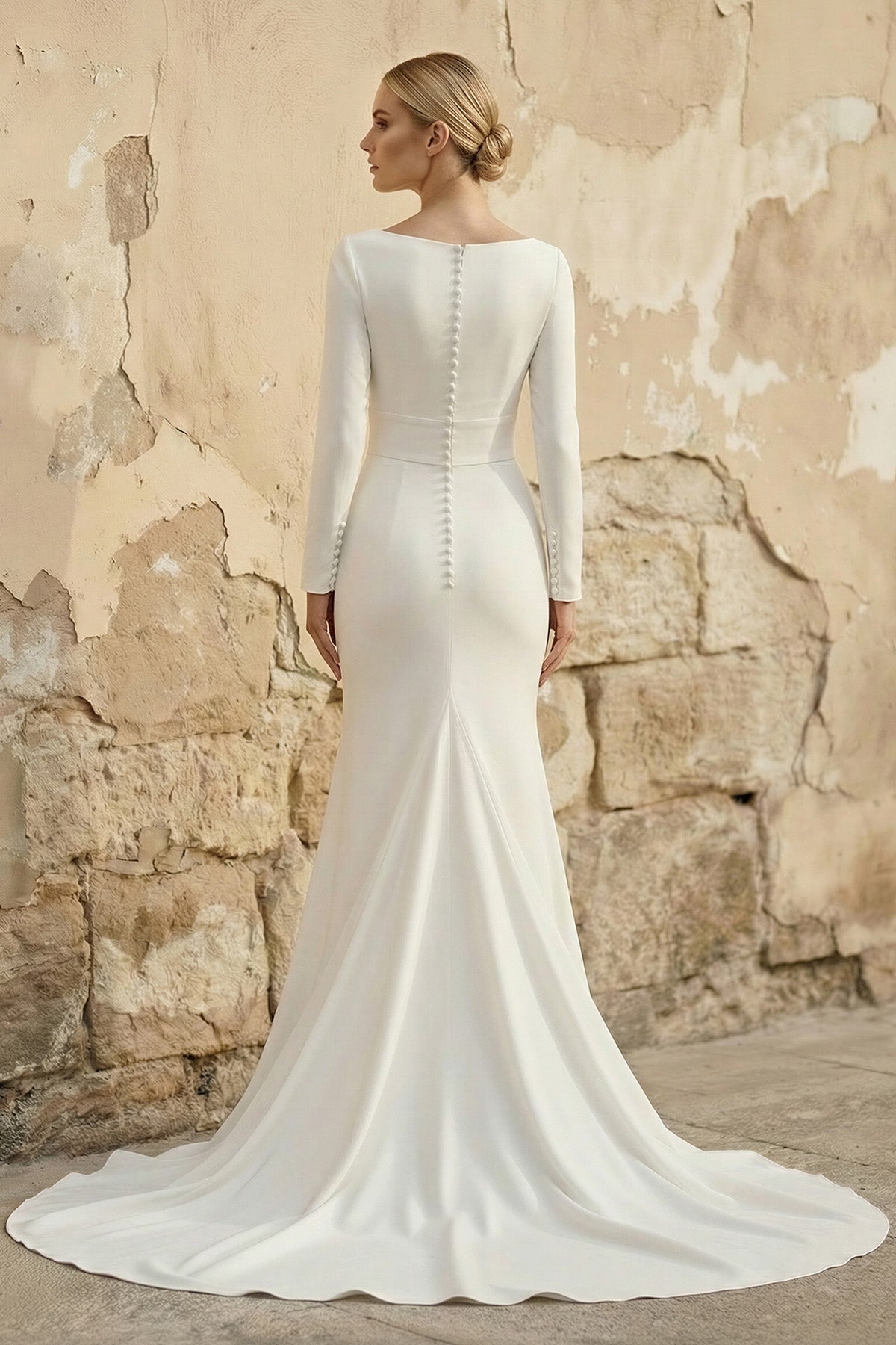 Robe de mariée ivoire satinée coupe sirène à manches longues - Harana