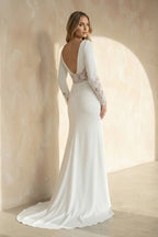 Robe de mariée ivoire satinée coupe sirène à manches longues avec fente - Harana