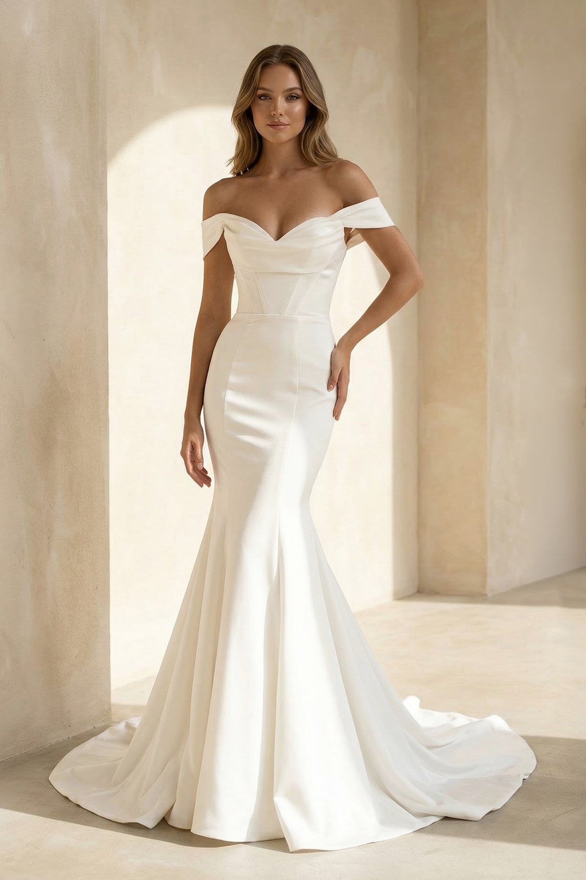 Robe de mariée ivoire en satin coupe sirène à épaules dénudées - Harana