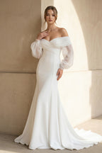 Robe de mariée blanche satinée coupe sirène à épaules dénudées - Harana