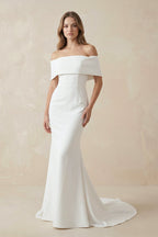 Robe de mariée blanche en satin coupe sirène à épaules dénudées - Harana