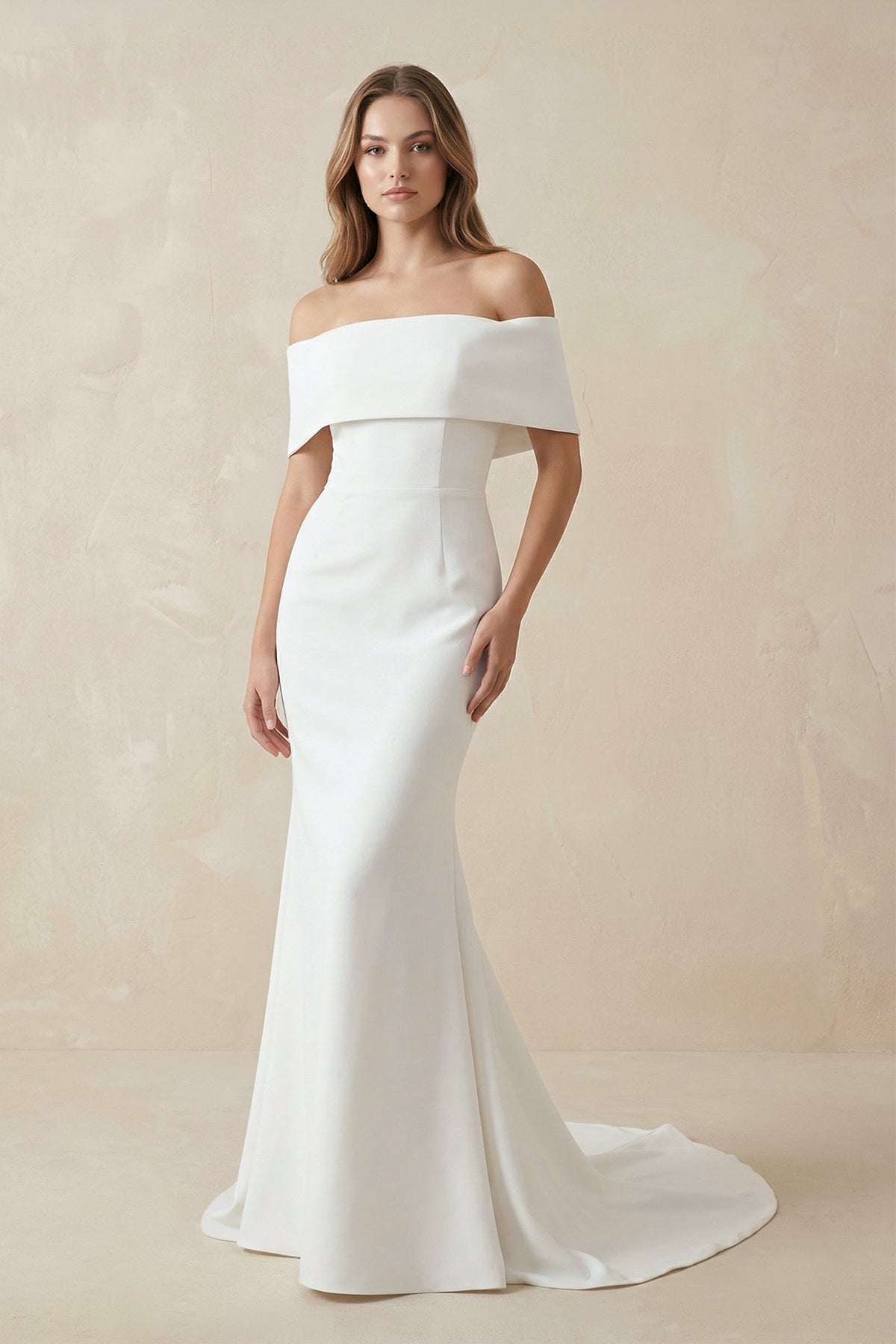 Robe de mariée blanche en satin coupe sirène à épaules dénudées - Harana