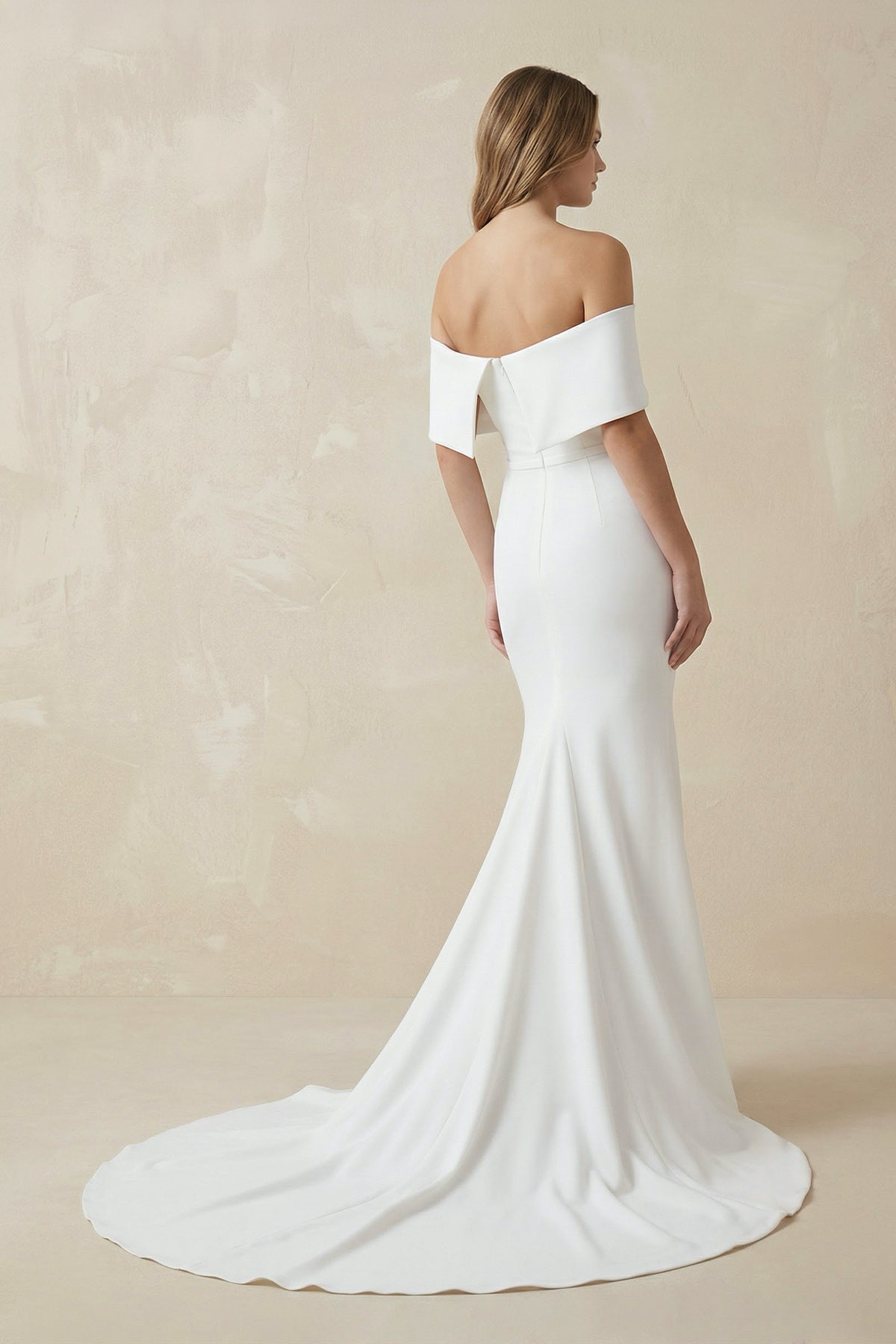 Robe de mariée blanche en satin coupe sirène à épaules dénudées - Harana