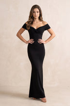 Robe noire longue satinée coupe sirène à épaules dénudées plissée - Harana