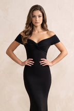 Robe noire longue satinée coupe sirène à épaules dénudées plissée - Harana