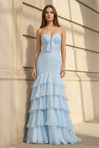 Robe longue bleu ciel coupe sirène à volants avec nœud - Harana
