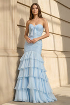 Robe longue bleu ciel coupe sirène à volants avec nœud - Harana
