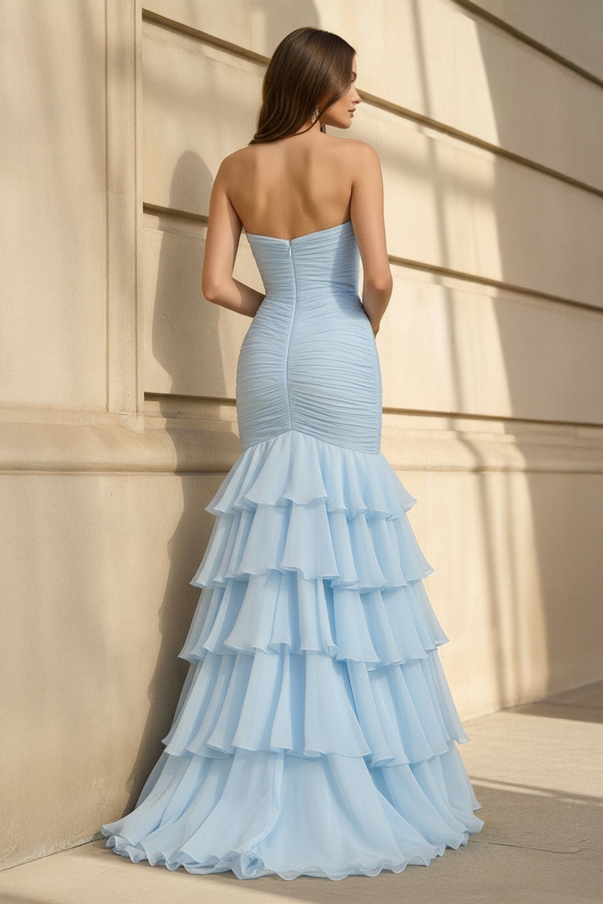 Robe longue bleu ciel coupe sirène à volants avec nœud - Harana
