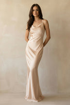 Robe longue champagne satinée coupe sirène - Harana