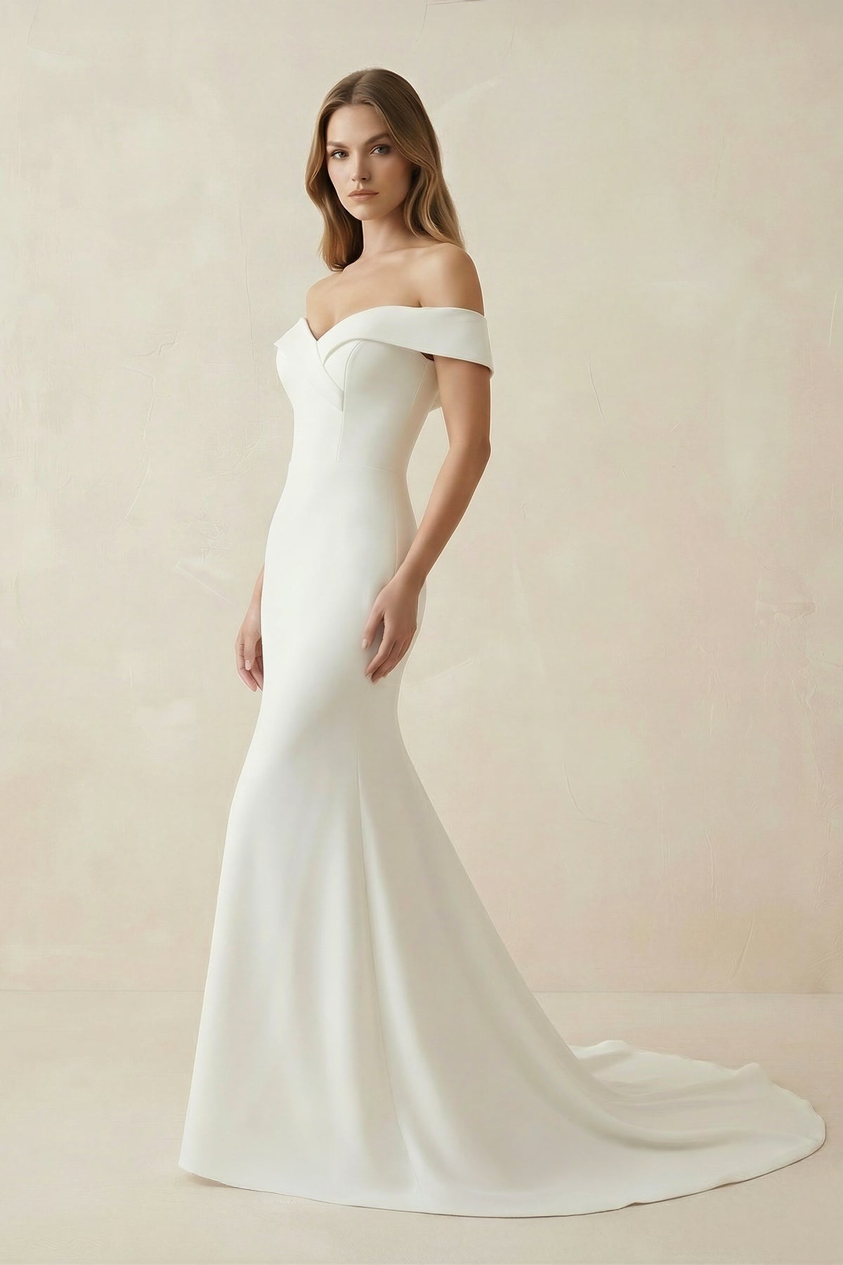 Robe de mariée blanche satinée silhouette sirène à épaules dénudées - Harana