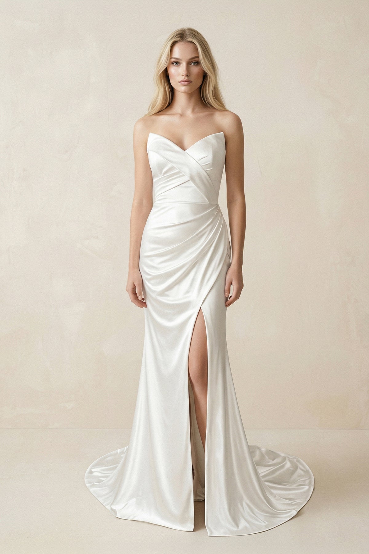 Robe de mariée blanche satinée coupe sirène à décolleté cœur avec fente - Harana