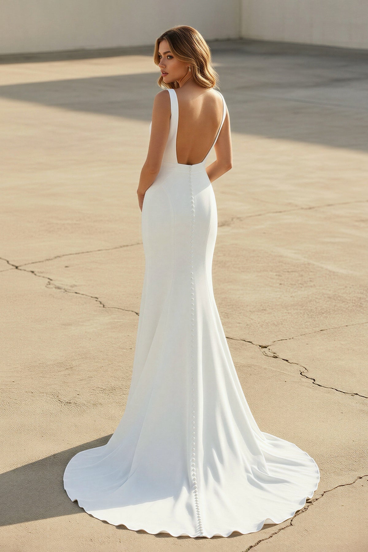 Robe de mariée blanche en satin coupe sirène à col V - Harana