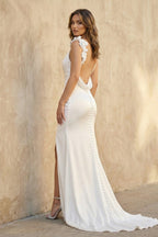 Robe de mariée blanche sirène satinée à fines bretelles dos nu sans manches - Harana