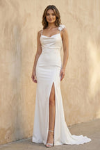 Robe de mariée blanche sirène satinée à fines bretelles dos nu sans manches - Harana