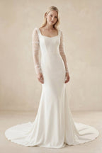 Robe de mariée ivoire satinée coupe sirène à encolure carrée et manches longues - Harana