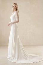 Robe de mariée ivoire satinée coupe sirène à encolure carrée et manches longues - Harana