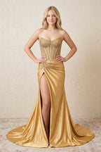 Robe longue doré coupe sirène bustier avec fente - Harana