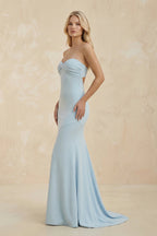 Robe longue bleu ciel coupe sirène bustier plissée - Harana