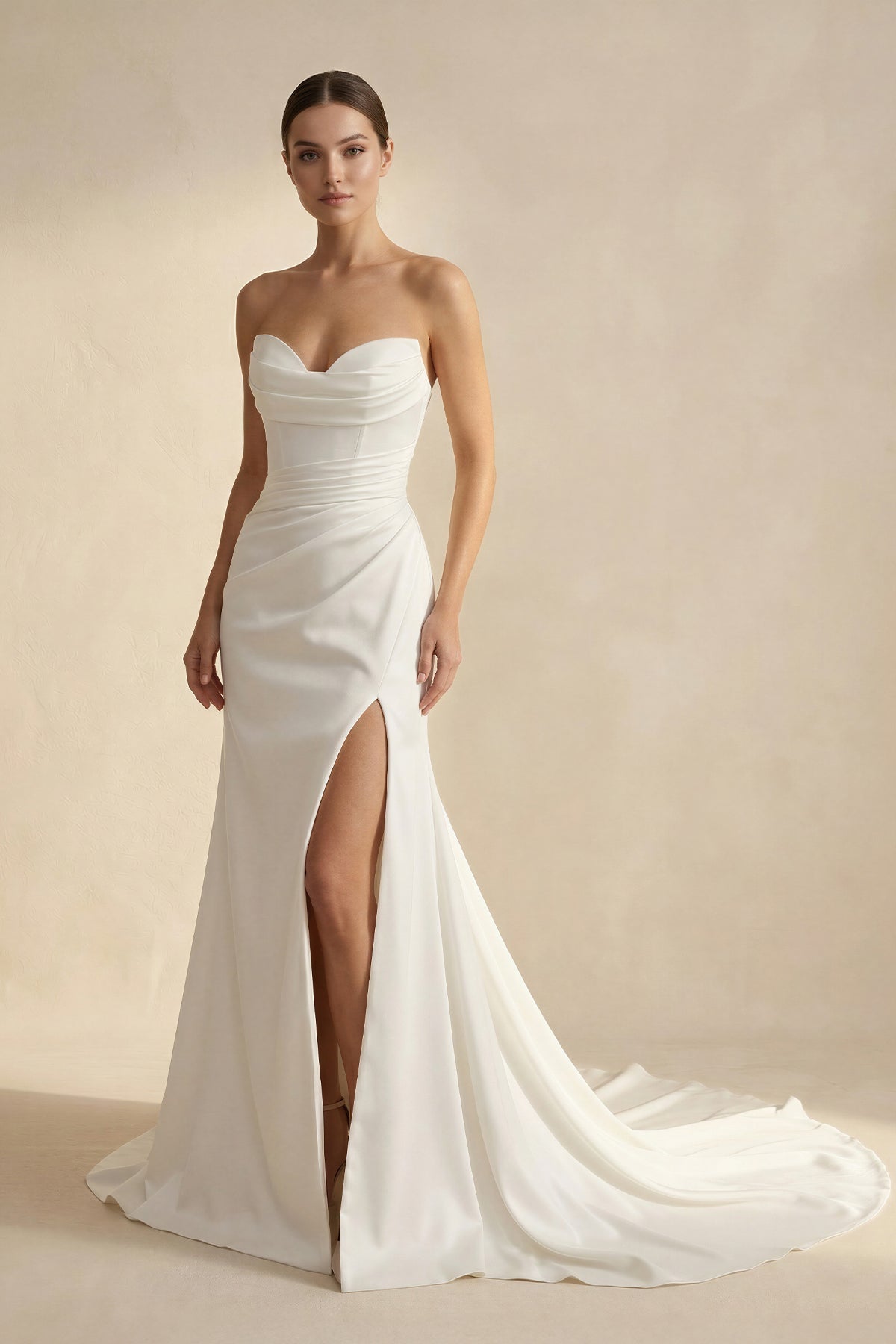 Robe de mariée blanche satinée bustier silhouette sirène - Harana