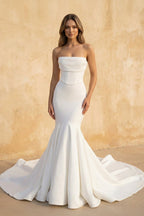 Robe de mariée blanche en satin bustier coupe sirène - Harana