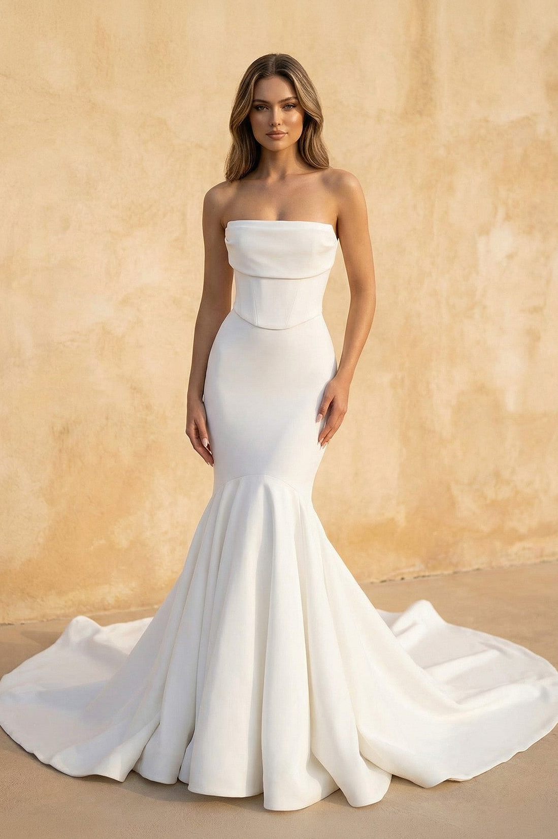 Robe de mariée blanche en satin bustier coupe sirène - Harana