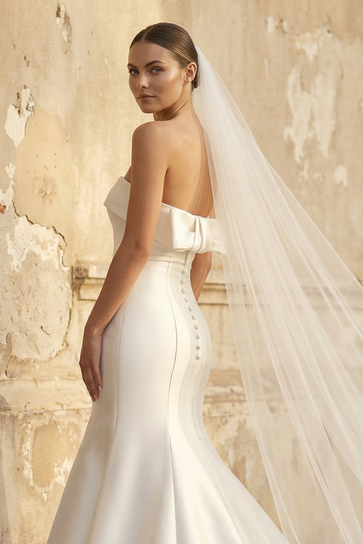 Robe de mariée blanche satinée coupe sirène bustier avec nœud - Harana