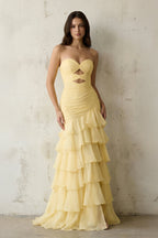 Robe longue jaune coupe sirène décolleté cœur à volants - Harana
