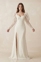 Robe de mariée ivoire satinée coupe sirène à décolleté cœur et manches longues avec corset - Harana