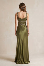 Robe longue olive satinée coupe sirène décolleté cœur - Harana