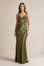 Robe longue olive satinée coupe sirène décolleté cœur - Harana