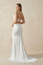 Robe de mariée ivoire sirène satinée à fines bretelles col V avec fente - Harana