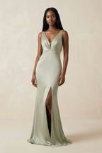 Robe demoiselle d’honneur frost longue col V sans manches avec fente - Harana