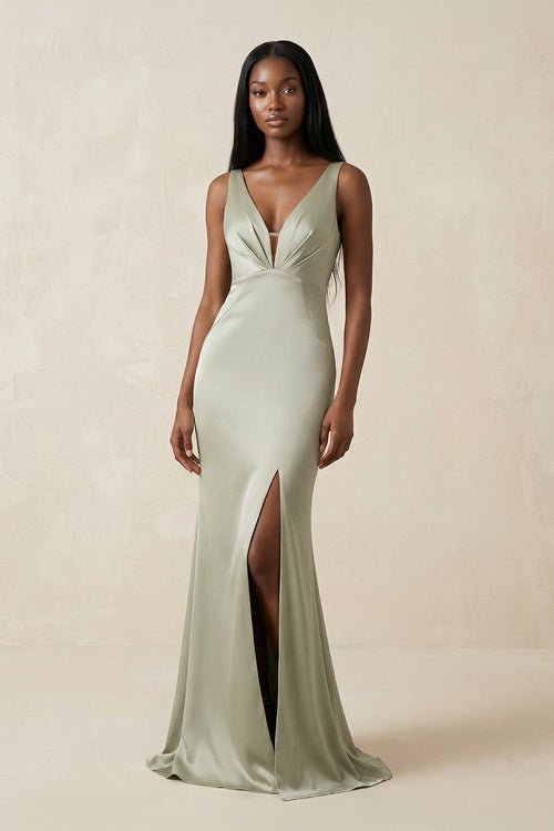 Robe de demoiselle d’honneur bleu givré longue satinée coupe sirène à col V avec fente - Harana