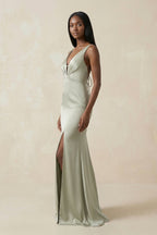 Robe demoiselle d’honneur frost longue col V sans manches avec fente - Harana