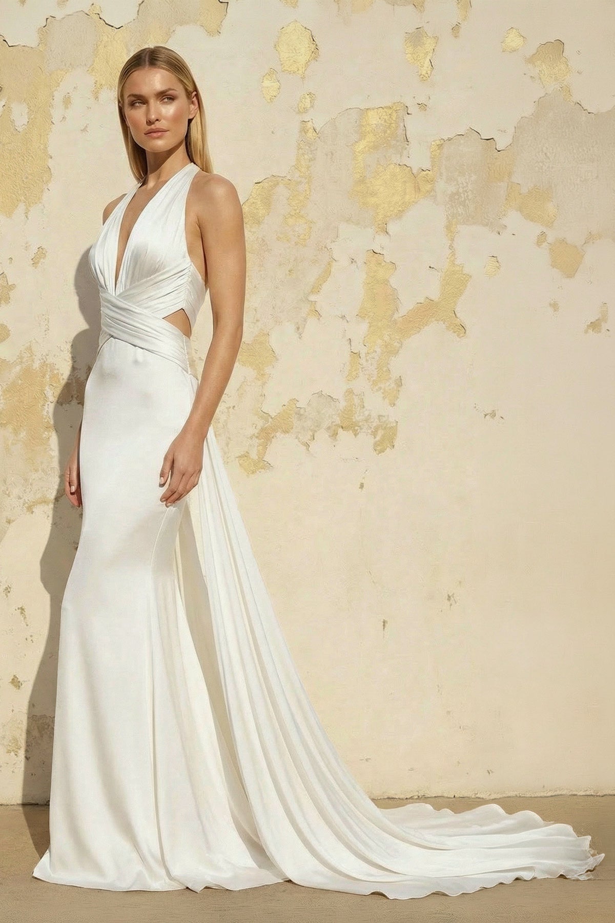 Robe de mariée blanche satinée silhouette sirène à col V - Harana
