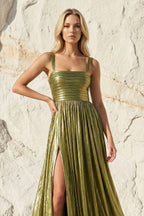 Robe longue olive métallisée avec fente plissée - Harana