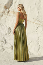 Robe longue olive métallisée avec fente plissée - Harana