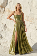 Robe longue olive métallisée avec fente plissée - Harana