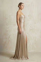 Robe longue champagne métallisée avec fente plissée - Harana