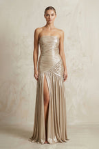 Robe longue champagne métallisée avec fente plissée - Harana