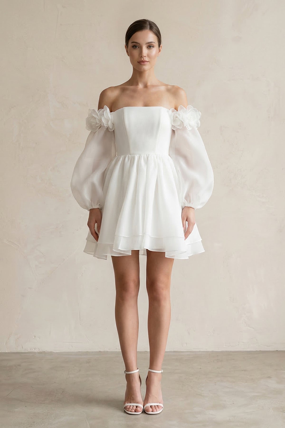 Robe de mariée ivoire trapèze en mousseline à épaules dénudées manches longues - Harana