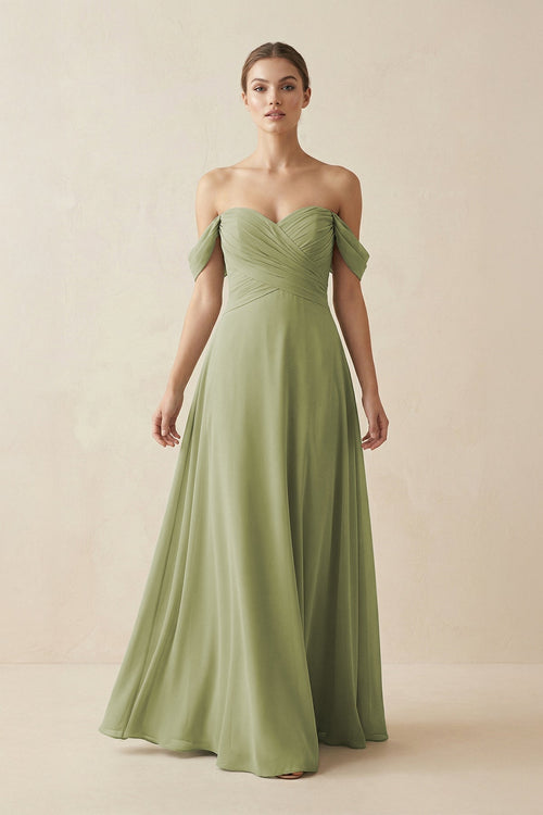Robe de demoiselle d’honneur vert mousse longue en mousseline coupe trapèze à épaules dénudées - Harana